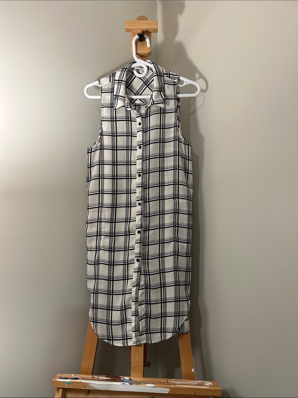 Monteau | Black & White Plaid Sleeveless Shirt Dress | Size M